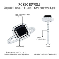 Certified Asscher Cut Black Onyx and Diamond Engagement Ring