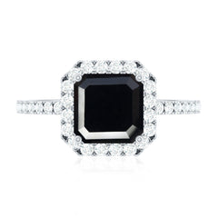 Certified Asscher Cut Black Onyx and Diamond Engagement Ring