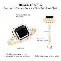 Certified Asscher Cut Black Onyx and Diamond Engagement Ring