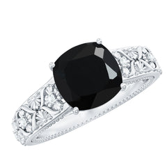 Cushion Cut Solitaire Created Black Diamond and Diamond Floral Engagement Ring