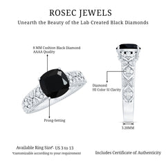 Cushion Cut Solitaire Created Black Diamond and Diamond Floral Engagement Ring