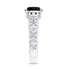 Cushion Cut Solitaire Created Black Diamond and Diamond Floral Engagement Ring