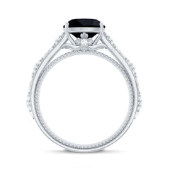 Cushion Cut Solitaire Created Black Diamond and Diamond Floral Engagement Ring