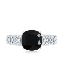Cushion Cut Solitaire Created Black Diamond and Diamond Floral Engagement Ring