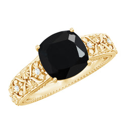 Cushion Cut Solitaire Created Black Diamond and Diamond Floral Engagement Ring