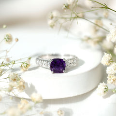 Cushion Cut Solitaire Amethyst Floral Engagement Ring with Diamond