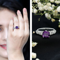 Cushion Cut Solitaire Amethyst Floral Engagement Ring with Diamond