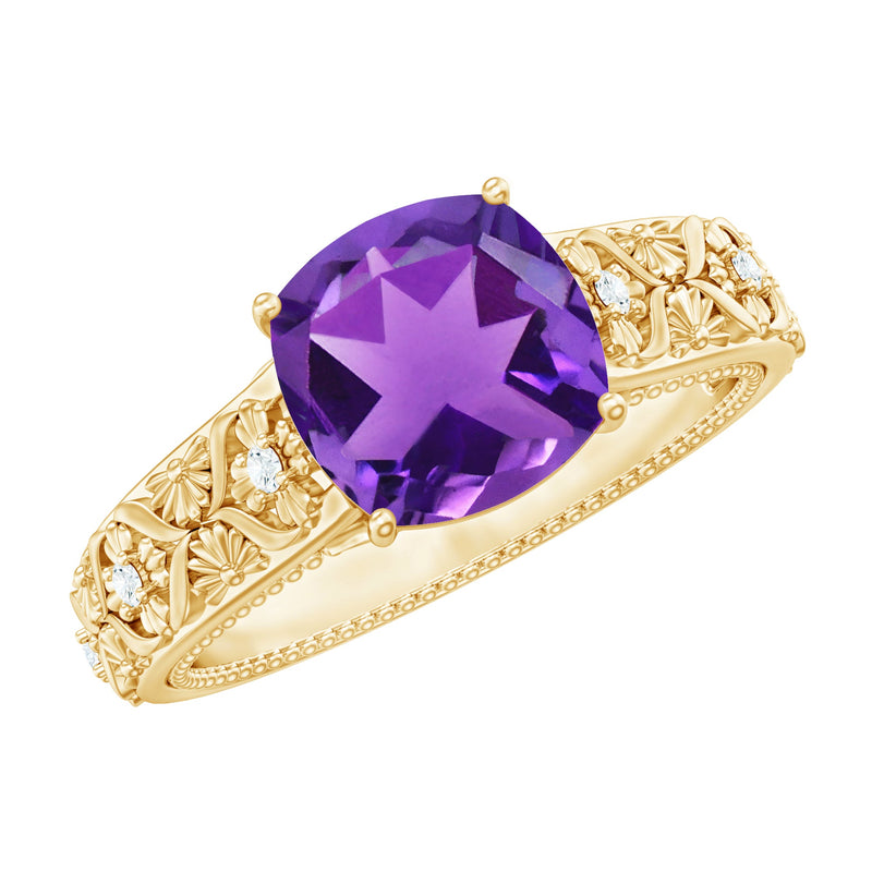 Cushion Cut Solitaire Amethyst Floral Engagement Ring with Diamond