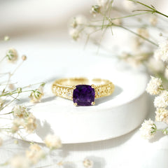 Cushion Cut Solitaire Amethyst Floral Engagement Ring with Diamond