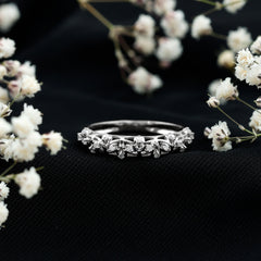 Round Zircon Semi Eternity Band Ring with Gold Filigree Details