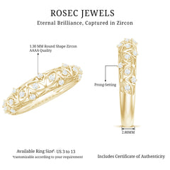 Round Zircon Semi Eternity Band Ring with Gold Filigree Details