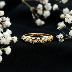 Round Zircon Semi Eternity Band Ring with Gold Filigree Details