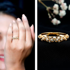 Round Zircon Semi Eternity Band Ring with Gold Filigree Details