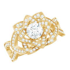Vintage Style Zircon Floral Engagement Ring with Split Shank