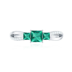 Certified Princess Cut Lab Grown Emerald 3 Stone Promise Ring with Diamond