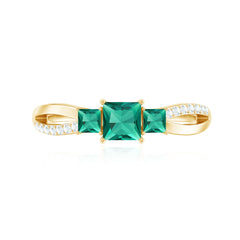 Certified Princess Cut Lab Grown Emerald 3 Stone Promise Ring with Diamond