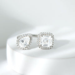 Asscher and Pear Cut Moissanite Two Stone Engagement Ring