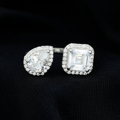 Asscher and Pear Cut Moissanite Two Stone Engagement Ring