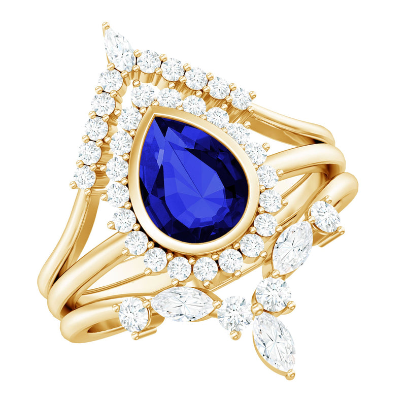 Vintage Looking Lab Grown Blue Sapphire 3 Piece Bridal Ring Set with Moissanite