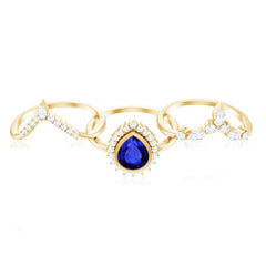 Vintage Looking Lab Grown Blue Sapphire 3 Piece Bridal Ring Set with Moissanite