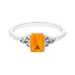 Emerald Cut Solitaire Fire Opal Celtic Knot Engagement Ring with Diamond