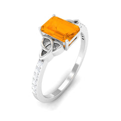 Emerald Cut Solitaire Fire Opal Celtic Knot Engagement Ring with Diamond