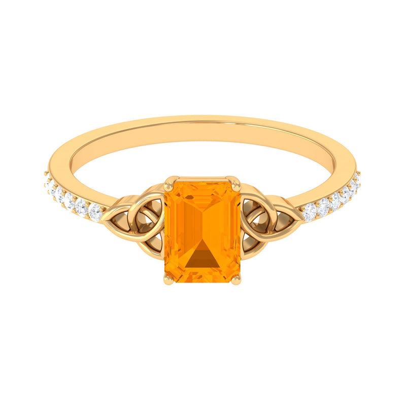 Emerald Cut Solitaire Fire Opal Celtic Knot Engagement Ring with Diamond