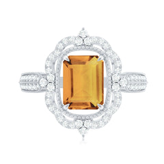 Vintage Inspired Citrine Emerald Cut Engagement Ring with Moissanite Halo