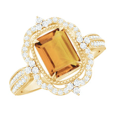 Vintage Inspired Citrine Emerald Cut Engagement Ring with Moissanite Halo