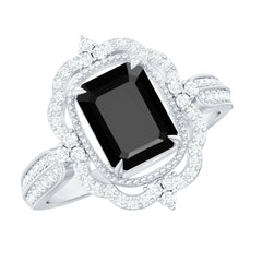 Vintage Style Octagon Created Black Diamond Floral Engagement Ring with Accent
