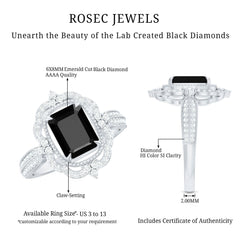Vintage Style Octagon Created Black Diamond Floral Engagement Ring with Accent
