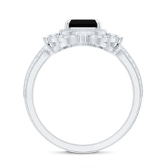 Vintage Style Octagon Created Black Diamond Floral Engagement Ring with Accent