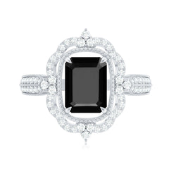 Vintage Style Octagon Created Black Diamond Floral Engagement Ring with Accent