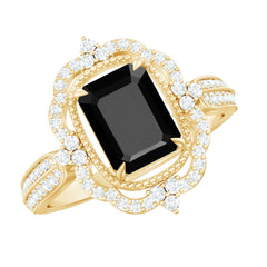 Vintage Style Octagon Created Black Diamond Floral Engagement Ring with Accent