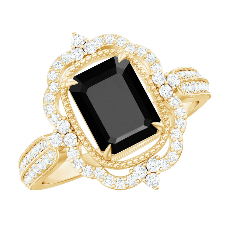 Vintage Style Octagon Created Black Diamond Floral Engagement Ring with Accent