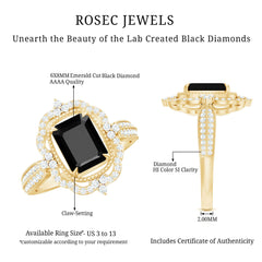 Vintage Style Octagon Created Black Diamond Floral Engagement Ring with Accent