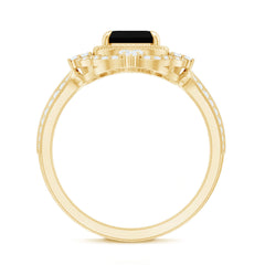 Vintage Style Octagon Created Black Diamond Floral Engagement Ring with Accent