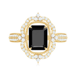 Vintage Style Octagon Created Black Diamond Floral Engagement Ring with Accent