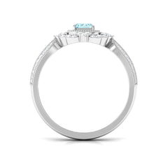 Real Emerald Cut Aquamarine Vintage Looking Engagement Ring with Diamond