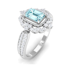 Real Emerald Cut Aquamarine Vintage Looking Engagement Ring with Diamond