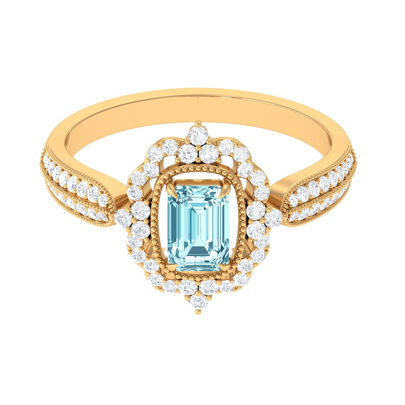 Real Emerald Cut Aquamarine Vintage Looking Engagement Ring with Diamond
