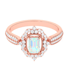 Real 6X8mm Emerald Cut Opalescent Antique Looking Engagement Ring with Diamond Halo