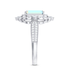 Real 6X8mm Emerald Cut Opalescent Antique Looking Engagement Ring with Diamond Halo