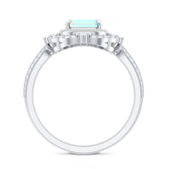 Real 6X8mm Emerald Cut Opalescent Antique Looking Engagement Ring with Diamond Halo