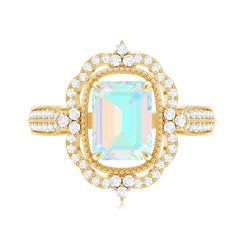 Real 6X8mm Emerald Cut Opalescent Antique Looking Engagement Ring with Diamond Halo