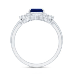 Certified 1.75 Carat Emerald Cut Lab Grown Blue Sapphire Retro Engagement Ring with Diamond