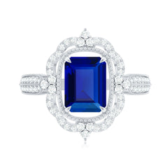 Certified 1.75 Carat Emerald Cut Lab Grown Blue Sapphire Retro Engagement Ring with Diamond