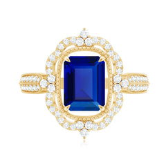 Certified 1.75 Carat Emerald Cut Lab Grown Blue Sapphire Retro Engagement Ring with Diamond