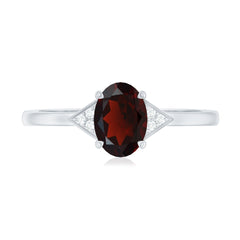 Natural Garnet Oval Shaped Engagement Ring with Diamond Trio