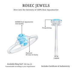Genuine 6X8mm Aquamarine Oval Engagement Ring with Diamond
